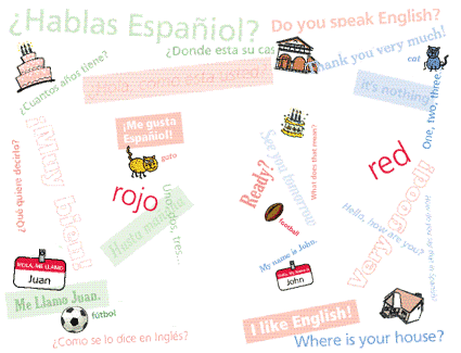 A house, a cat, and the words for both in English and Spanish