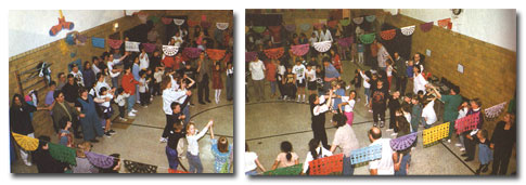 Students, teachers, and parents having fun folkdancing