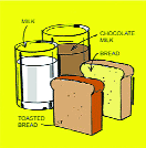 A glass of white milk, a glass of chocolate milk, a slice of toasted bread and a slice of bread