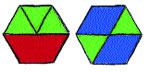 A hexagon with top half in red and bottom in green and a hexagon with two thirds in green and two sixths  in purple