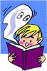 Ghost and boy reading book