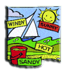 Boat, sun, pail of sand with the words windy, sunny, hot and sandy