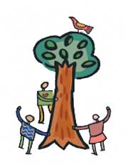 Children hugging a tree